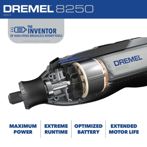 DREMEL 8250-5 cordless rotary tool with brushless motor; cutaway view showing internal components and battery.