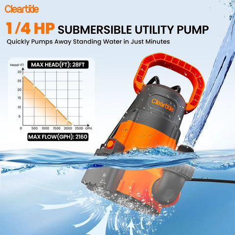 Quiet Quarter Horsepower Submersible Utility Pump With No Fuss Auto Water Sensor And Manual Mode, 2160 GPH high flow pump in water