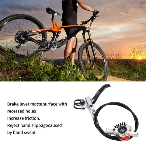 Heavy Duty Aluminum Dual Piston Mechanical Disc Brake Set Front Rear shown on mountain bike with cable pull in silver.