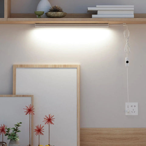 Under Cabinet LED Lighting 12 Inch Light Strip Bar Daylight White 5000K Dimmable USB Plug In Light installed under a shelf.