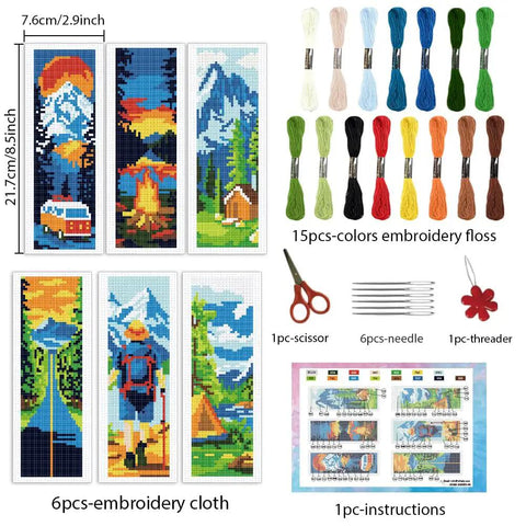 Camping Theme DIY Cross Stitch Bookmark Kit For Beginners, 6 Pack With Mountain View Motifs, Tents, Threads, Needles, Instructions
