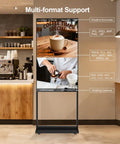 55 Inch 4K Indoor Floor Stand Digital Signage With 1000 Nits Brightness And No Fuss Rolling Base For Quick Retail Setup Android Smart Advertising Display With Wifi Plug Play Flexibility showing coffee specials in a cafe.