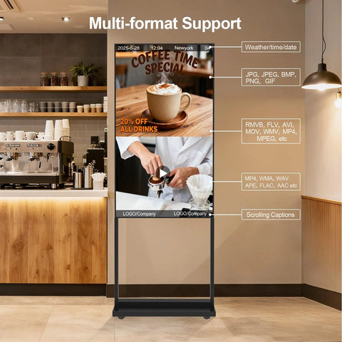 55 Inch 4K Indoor Floor Stand Digital Signage With 1000 Nits Brightness And No Fuss Rolling Base For Quick Retail Setup Android Smart Advertising Display With Wifi Plug Play Flexibility showing coffee specials in a cafe.