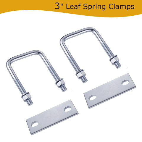 Two Piece Leaf Spring Clamp Kit fits up to three inch wide leaf springs, silver metal clamps for axle torque control in trucks.