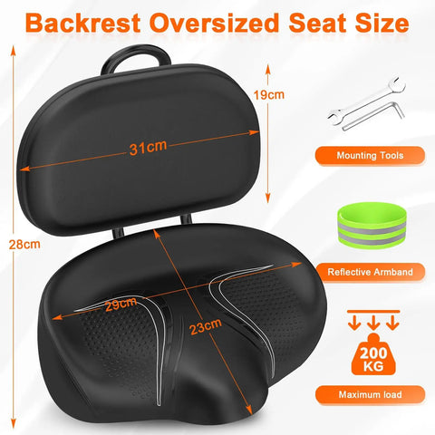 Oversized Noseless Bike Seat With Backrest 13 By 9 Inch Ultra Wide Saddle For Ebikes Tricycles And Stationary Bike Cushions Extra Thick Foam For Hip Support Noseless Design For All Day Comfort, black seat with backrest and 31 cm size