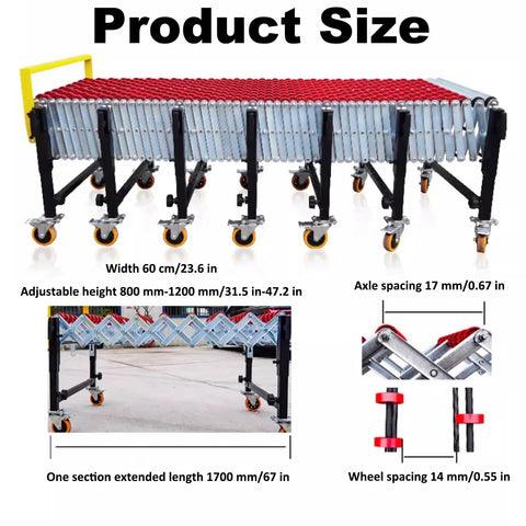 Wide Adjustable Unpowered Conveyor Table With Flexible Rollers, Workhorse Extendable Length From 11.8 To 66.9 Inches