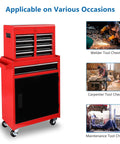 Five Drawer Rolling Tool Chest With Lockable Wheels Detachable Top And Adjustable Shelf Plus Bottom Cabinet For Heavy Duty Garage Workshop Shop And Warehouse Tool Organizer, red steel cabinet on casters