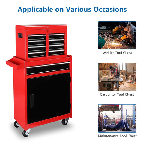 Five Drawer Rolling Tool Chest With Lockable Wheels Detachable Top And Adjustable Shelf Plus Bottom Cabinet For Heavy Duty Garage Workshop Shop And Warehouse Tool Organizer, red steel cabinet on casters