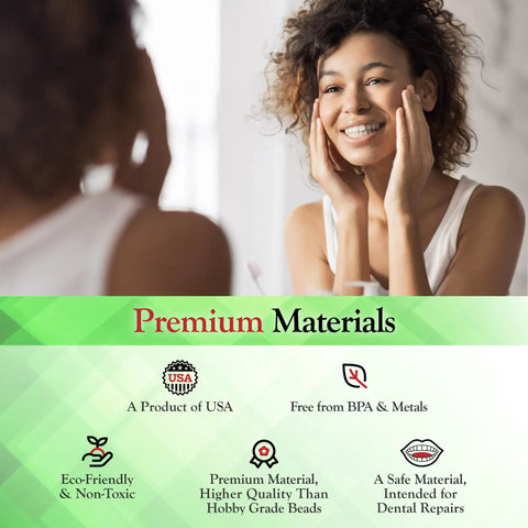 Woman smiling in mirror with DIY At Home Dental Repair Kit For Missing Or Damaged Teeth With Color Matching Compound.
