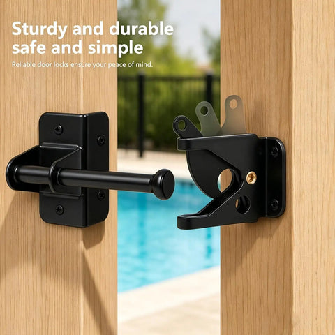 Heavy Duty Self Locking Gate Latch With Gravity Lock For Wooden Fences, Auto Lever Action Gate Lock, No Fuss Post Mount Black Gate Hardware, Door Lock For Secure Pool Garden And Shed Access, Fingertip Inside Release For Quick Open on wood gate