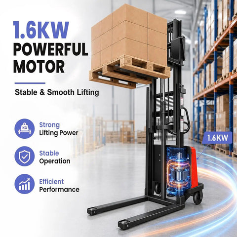 Heavy Duty Electric Walkie Pallet Stacker With 1.6KW Motor powers up warehouse jobs fast for lifting loads on a pallet.