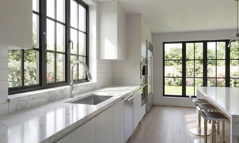 Modern kitchen with chrome pull-down kitchen faucet with two-function sprayer, single hole mount, sleek one-handle design.
