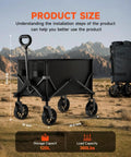 Collapsible Folding Wagon With Dual Cup Holders, Heavy Duty Utility Cart For Camping, Shopping, And Sports, Sturdy Steel Frame That Handles Up To 360 Pounds, Easy Fold And Go, shown in a desert setting with size indicators.
