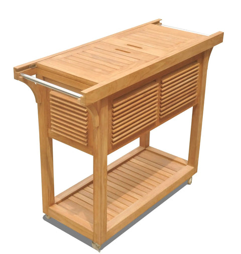 Solvang Teak Bar Cart With Extendable Beverage Tub And Locking Wheels For Outdoor Patio Entertaining Go To Option Teak Wood Beverage Center With Sliding Panels And Stainless Steel Handles
