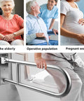 Sturdy 31.4 Inch Stainless Steel Handicap Grab Bar Wall Mounted With Flip Up Toilet Rail For Shower And Bath Safety in use by elderly and pregnant women.
