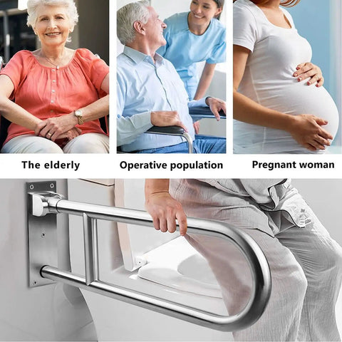 Sturdy 31.4 Inch Stainless Steel Handicap Grab Bar Wall Mounted With Flip Up Toilet Rail For Shower And Bath Safety in use by elderly and pregnant women.