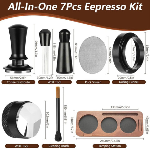 Portable Espresso Tamper Kit For 51Mm Filter Cups featuring 7 pieces, including coffee distributor and dosing funnel.