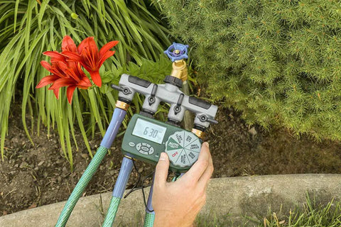 Automatic Yard Watering System With Four Station Sprinkler Setup showing easy dial controls in garden setting