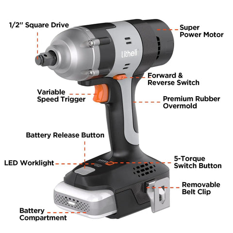 20V Cordless One Half Inch Impact Wrench Kit With 2.0Ah Battery, Hog Ring Anvil, 5 Torque Settings, Up To 295 Ft Lbs And 3000 IPM