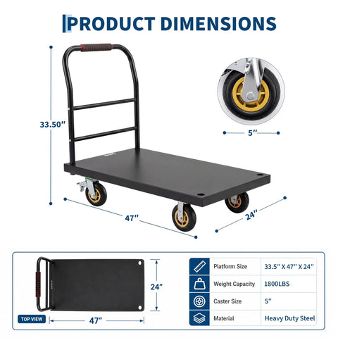 Heavy Duty 2000 Lb Steel Platform Cart With 47 By 24 Inch Anti Slip Platform, Detachable Handle For Easy Storage, 360 Degree Swivel Casters, A Real Warehouse Workhorse For Pros. Dimensions shown