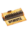 Angled top-front view of DEWALT 14-piece screwdriver bit set in orange translucent case with magnetic drive guide