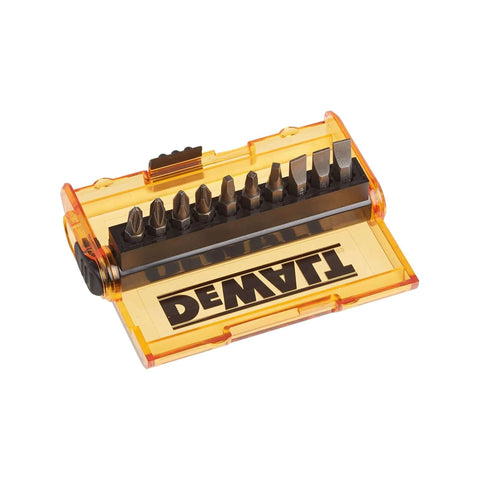 Angled top-front view of DEWALT 14-piece screwdriver bit set in orange translucent case with magnetic drive guide