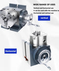 Built Like A Tank CNC Indexing Head Assembly With Vertical And Horizontal Plates And 6 Inch 3 Jaw Chuck And Adjustable Tailstock For Tight Tolerance Milling Workshop showcasing vertical and horizontal uses with precision 3-jaw chuck.