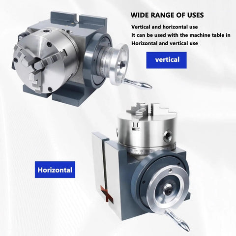 Built Like A Tank CNC Indexing Head Assembly With Vertical And Horizontal Plates And 6 Inch 3 Jaw Chuck And Adjustable Tailstock For Tight Tolerance Milling Workshop showcasing vertical and horizontal uses with precision 3-jaw chuck.