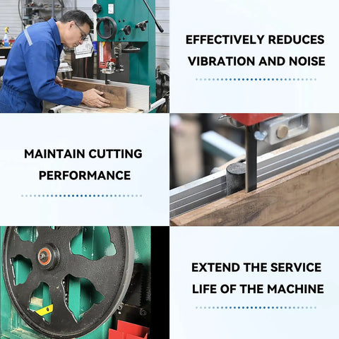 Man using bandsaw; urethane tire installation for Grizzly G0513 series, showing reduced vibration, cutting performance, long service life.