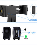 Close-up of the Phone Tripod Mount With Wireless Remote And Adjustable Clamp, showing non-slip material and remote controls.