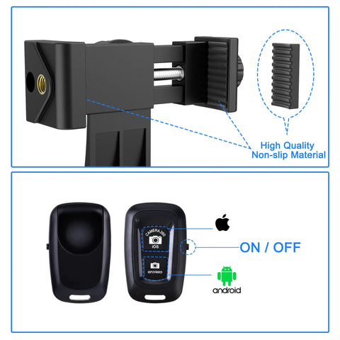 Close-up of the Phone Tripod Mount With Wireless Remote And Adjustable Clamp, showing non-slip material and remote controls.