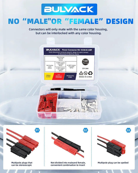 Heavy Duty Quick Swap Battery Connector Assortment Kit 108 Pcs with modular design for 15-45 Amp quick disconnect terminals.