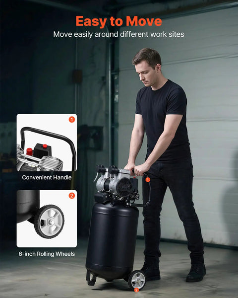Vevor 14 Gallon Air Compressor, 2HP Oil-Free Portable Unit With Wheels. Boasts 125PSI Max Pressure And 4.3 SCFM Flow Rate. Perfect For Auto Repair, Tire Inflation, Spray Painting, Woodworking, And Home Garage Projects. Durable Design For Steady Power