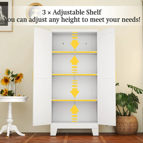 White Metal Storage Cabinet 61 Inch Heavy Duty Steel Cabinet With Doors And 3 Adjustable Shelves Built Tough For Home Office Kitchen Pantry Garage And School Four Compartments For Easy No Nonsense Organization with open doors, showing adjustable shelves in a home setting.