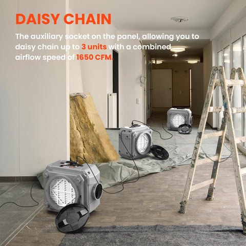 Air Scrubber Negative Air Machine With Three Stage Filtration And 16 Inch Inlet For Home Garage And Commercial Jobs 550 CFM HEPA And Activated Carbon Filters set up in sequence for daisy chaining in a construction area.