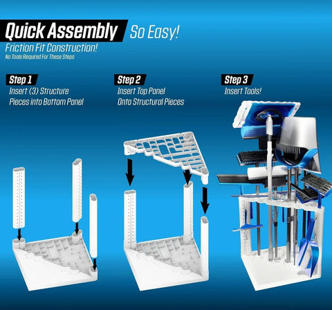 Assembly instructions and tools displayed on Sturdy Corner Tool Rack Storage For Home Garage And Closet That Holds Up To 35 Tools