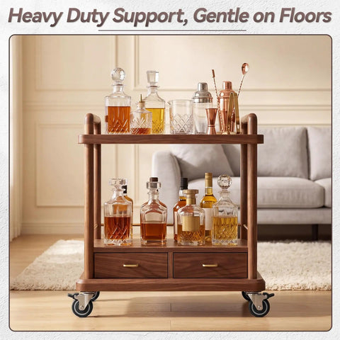 Heavy Duty One Inch Low Profile Caster Wheels With Brakes Quiet As A Mouse Soft Rubber Swivel Casters For Furniture And Rolling Carts gliding on a wooden bar cart with bottles.