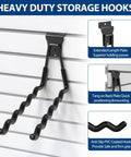 Slatwall Hook Set 14 Pack Heavy Duty With 5 Sizes And Extra Welding Spots, black hooks on slatwall panel, PVC coated, for garage organization.