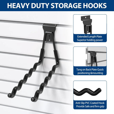 Slatwall Hook Set 14 Pack Heavy Duty With 5 Sizes And Extra Welding Spots, black hooks on slatwall panel, PVC coated, for garage organization.