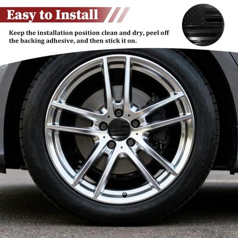 4 Pcs American Usa Flag Wheel Hub Center Cap Covers Forged From Top Tier Aluminum With Tough As Nails Rust Guard For A Badass Slick Fit On Any Daily Driver Or 56Mm Rim Setup installed on a sleek alloy wheel.