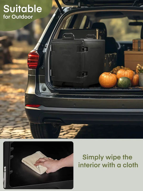 Insulated Food Warmer Carrier Set Of 2 with stackable pans in SUV, four wheels, door opens 270°, ideal for catering parties outdoors