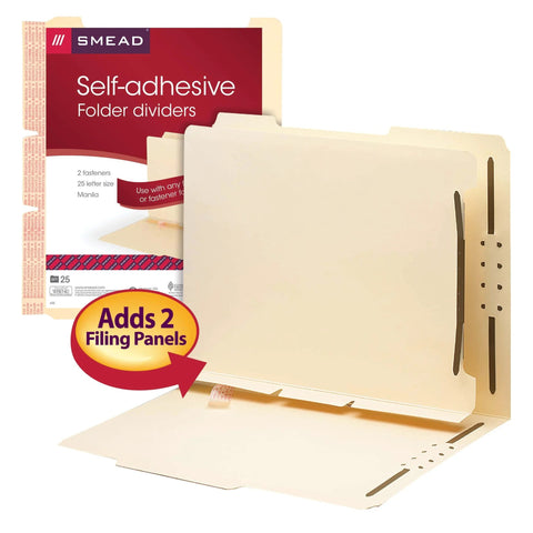 Self-Adhesive Folder Divider With 1-Inch Twin Prong Fastener For Letter-Size Manila Folders, 25 Per Pack, shown installed
