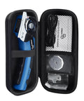 Strebilo Cordless Electric Scissors And Box Cutter For Cardboard in a protective case with spare blades and charger.