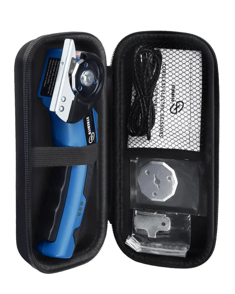 Strebilo Cordless Electric Scissors And Box Cutter For Cardboard in a protective case with spare blades and charger.