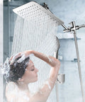 10 Inch Rainfall Shower Head With Handheld Combo California Compliant High Pressure Chrome Finish in use, bathroom setting