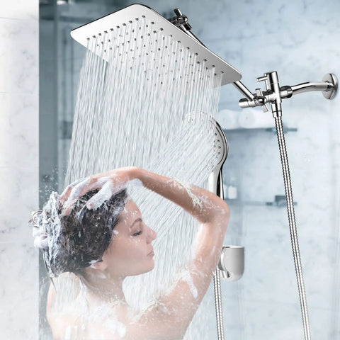 10 Inch Rainfall Shower Head With Handheld Combo California Compliant High Pressure Chrome Finish in use, bathroom setting