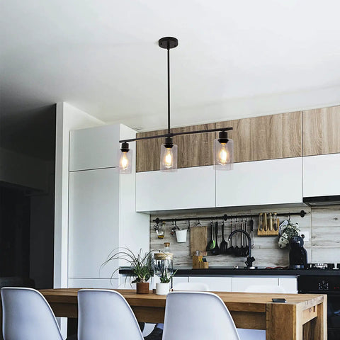 Three Light Modern Kitchen Island Pendant Light With Glass Shades Slick Black Metal Finish Rustic Farmhouse Chandelier in kitchen