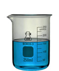 Heavy Wall Borosilicate Glass Beaker Set Go To Five Piece Lab Gear 50ml 100ml 250ml 500ml 1000ml Low Form Graduated Beakers With Pouring Spout Durable Glassware For Chemistry Class And Research - 250ml beaker with blue liquid