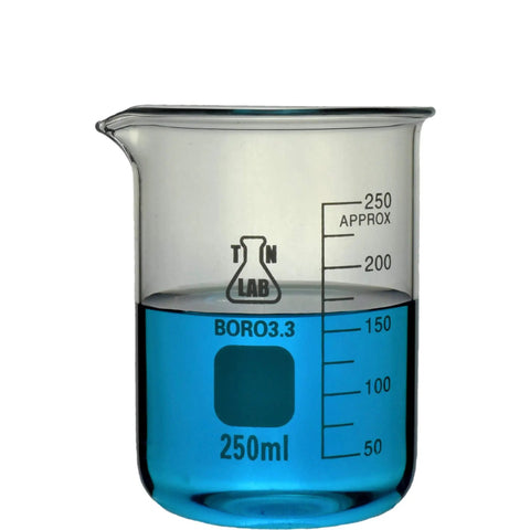Heavy Wall Borosilicate Glass Beaker Set Go To Five Piece Lab Gear 50ml 100ml 250ml 500ml 1000ml Low Form Graduated Beakers With Pouring Spout Durable Glassware For Chemistry Class And Research - 250ml beaker with blue liquid