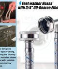 Washer hoses, braided stainless steel, 4 ft length, 3/4 in NPT elbows, 90-degree fittings, 2-pack